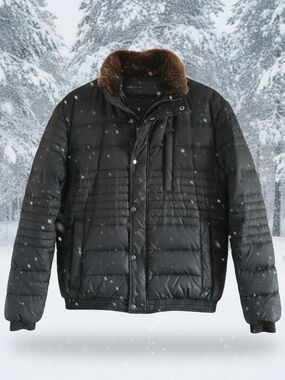 Marc New York,  Men's Black Quilted Puffer Jacket with Brown Faux-Fur Collar